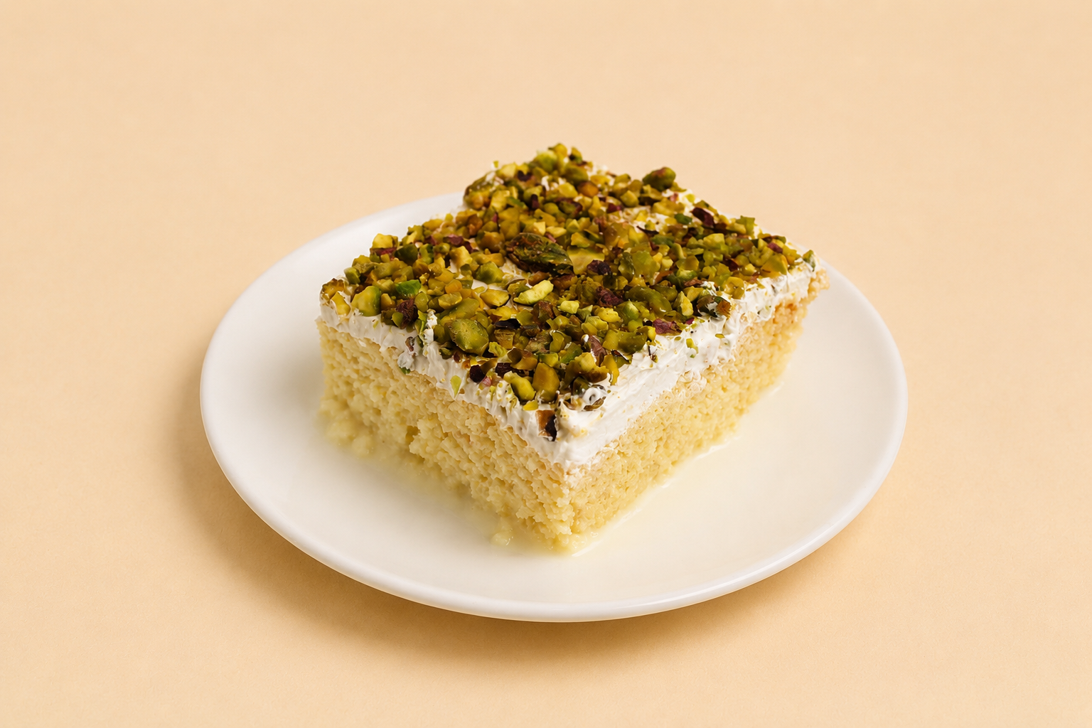 Milk cake slice topped with cream and crushed pistachios